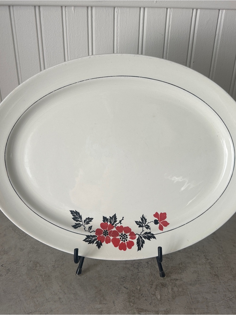 Hall China Red Poppy Large Oval Serving Platter 14” x 10” Platinum Rim Vintage